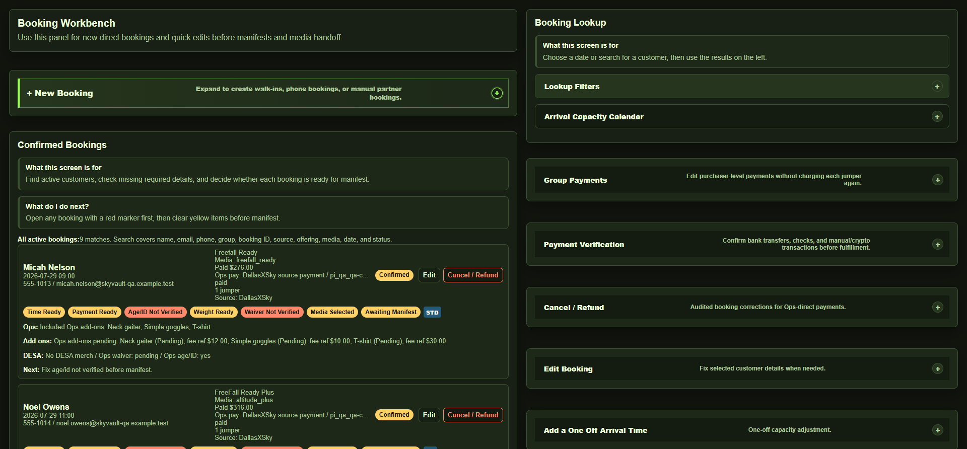 SkyVault Ops Bookings showing customer, payment, readiness, lookup, and correction controls