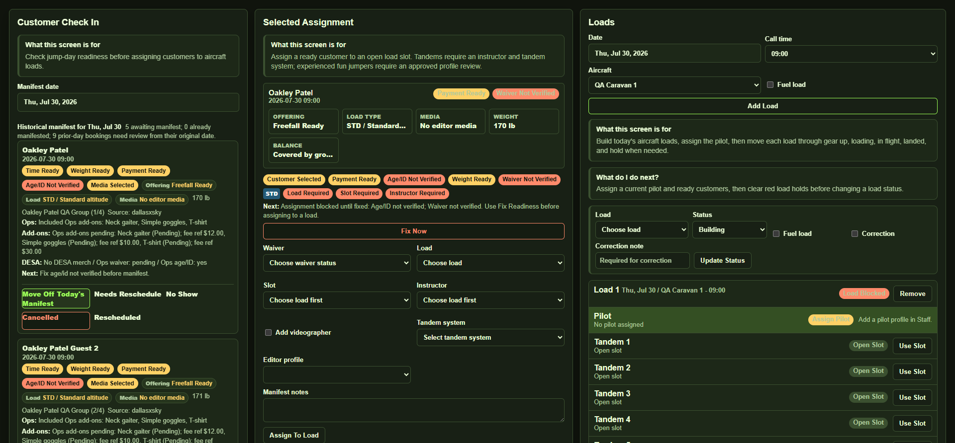 The real SkyVault Ops Manifest interface with Customer Check In, Selected Assignment, and Loads in three columns