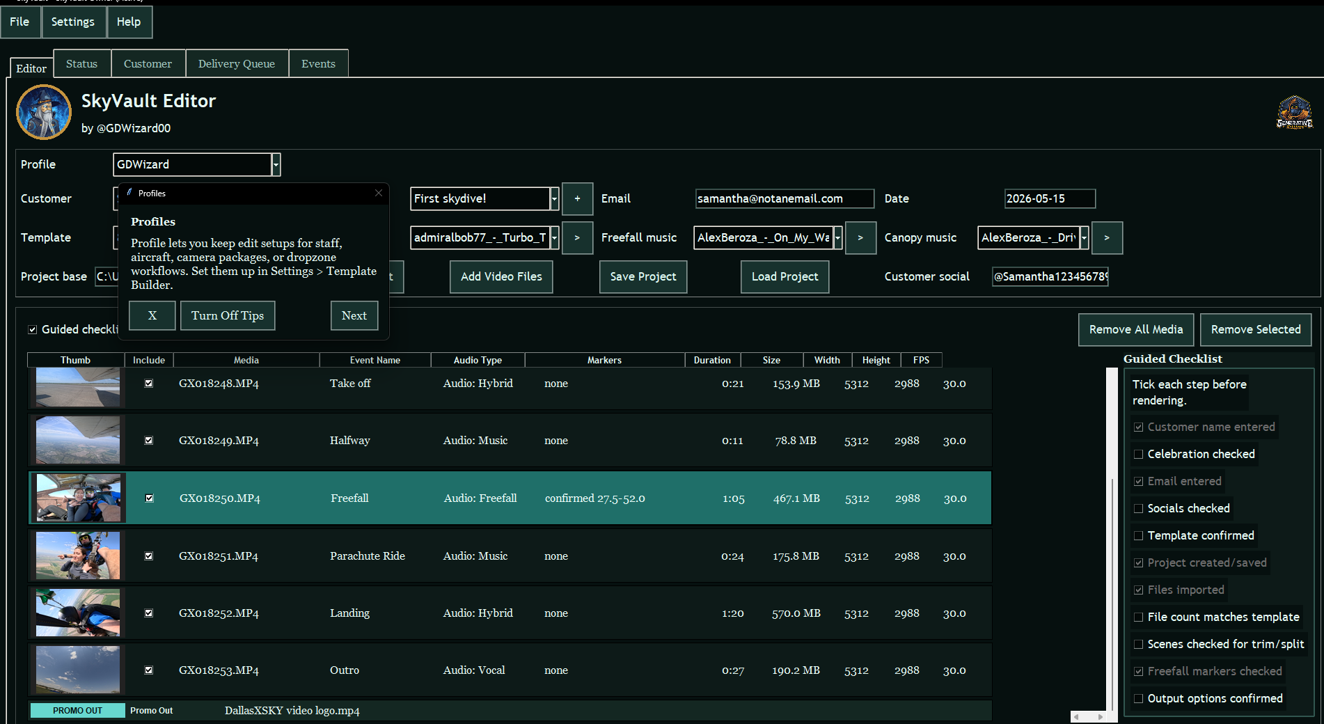 SkyVault editor with customer workflow, guided checklist, media rows, and output controls