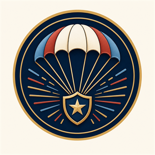 Service appreciation emblem with a parachute, shield, and star