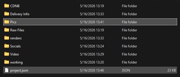 SkyVault customer folder architecture with CDNB, delivery info, pictures, raw files, renders, socials, video, working files, and project JSON