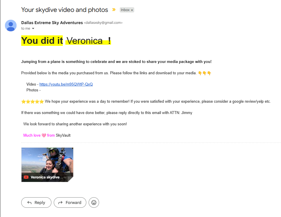 Gmail delivery template with video and photos links